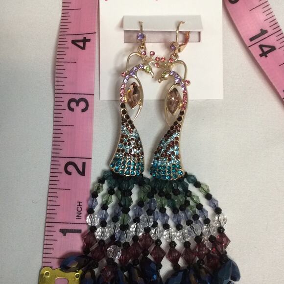 NEW BETSEY JOHNSON GOLD TONE TURQUOISE BEADED PEACOCK DANGLE EARRINGS - Picture 6 of 6